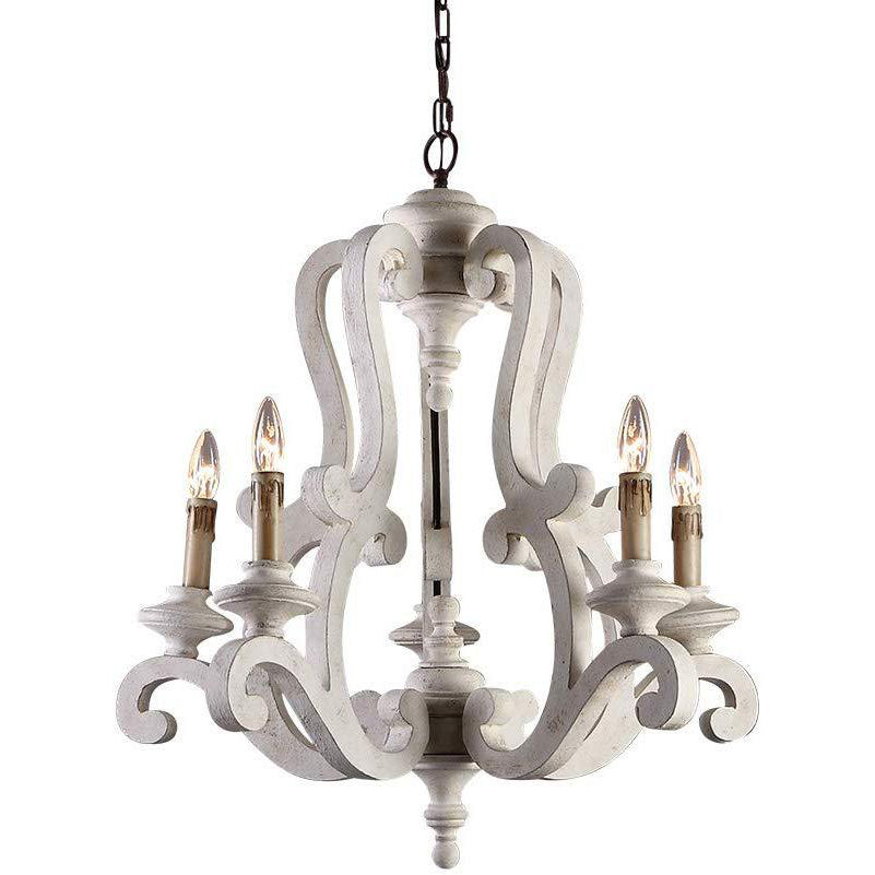 Chandelier à 5 lumières en bois et métal de style ferme traditionnelle pour salon et salle à manger 