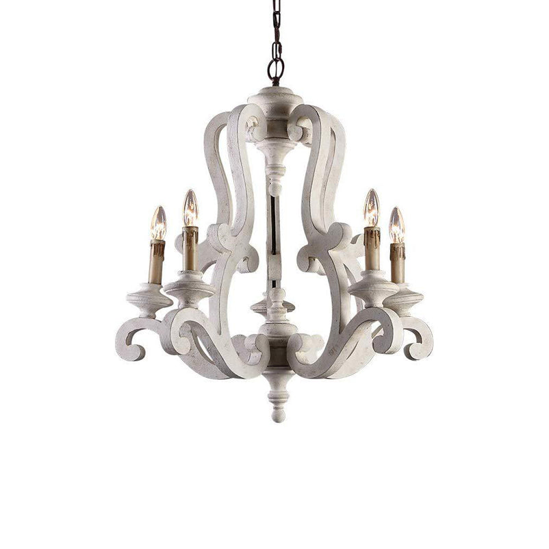 Chandelier à 5 lumières en bois et métal de style ferme traditionnelle pour salon et salle à manger 