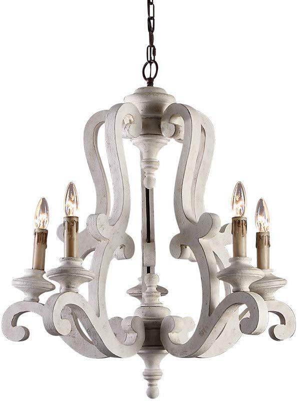 Traditional Farmhouse Wood Metal Branch Candle 5-Light Chandelier For Living Room & Dining Room
