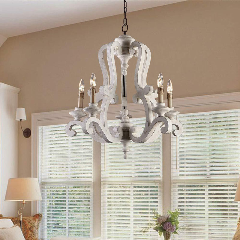 Traditional Farmhouse Wood Metal Branch Candle 5-Light Chandelier For Living Room & Dining Room