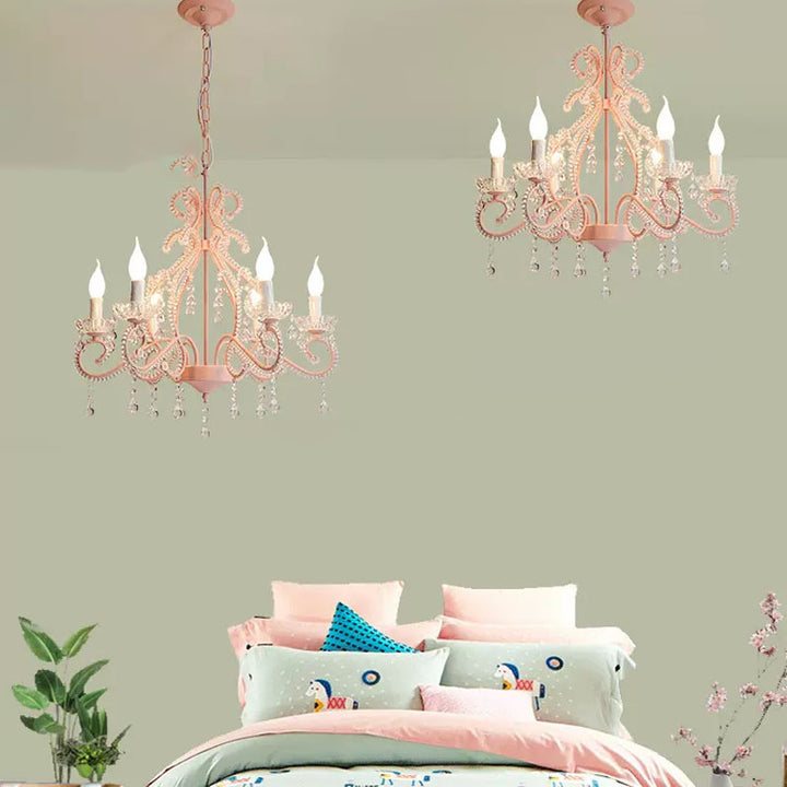 Ferme traditionnelle Lustre à bougies à 6 lumières avec branches en fer et cristal pour salon et salle à manger 
