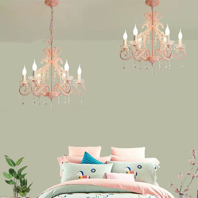 Traditional Farmhouse Crystal Iron Branch Bow Candle 6-Light Chandelier For Living Room & Dining Room