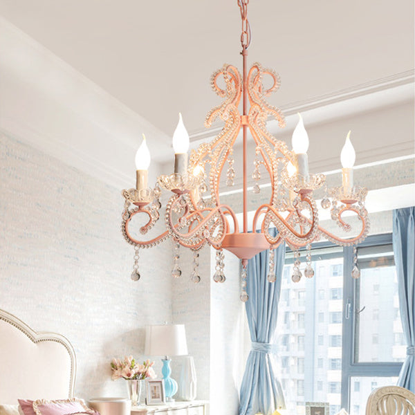 Ferme traditionnelle Lustre à bougies à 6 lumières avec branches en fer et cristal pour salon et salle à manger 