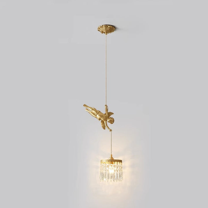 Traditional French Crystal Copper Angel Round 1-Light Pendant Light For Living Room &amp; Dining Room