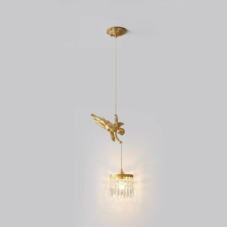Traditional French Crystal Copper Angel Round 1-Light Pendant Light For Living Room & Dining Room