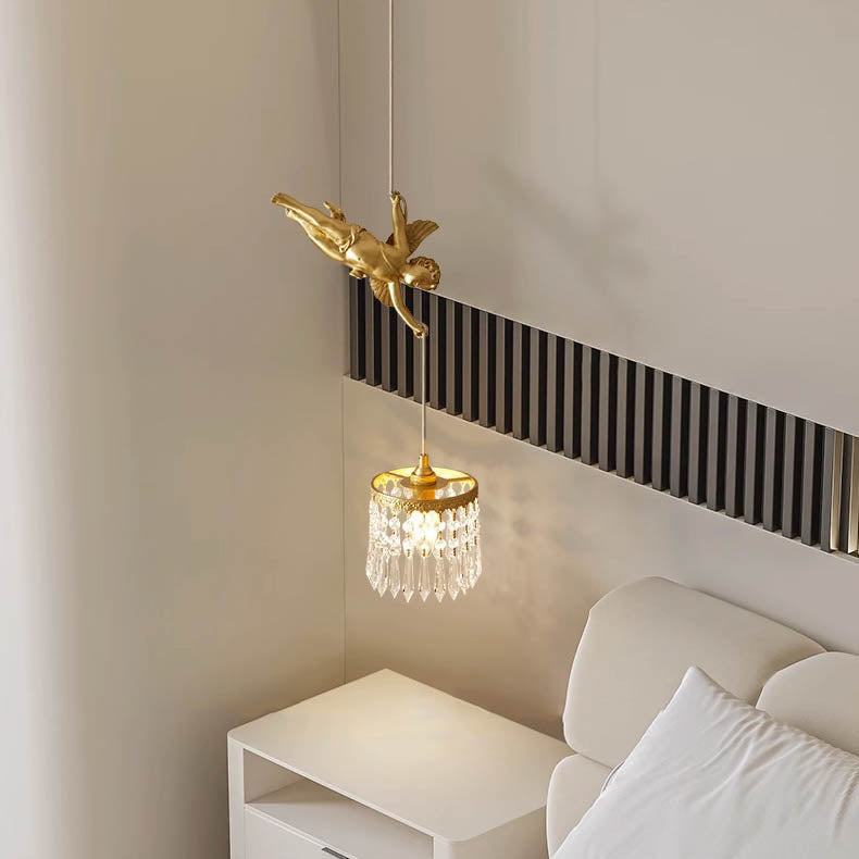 Traditional French Crystal Copper Angel Round 1-Light Pendant Light For Living Room &amp; Dining Room