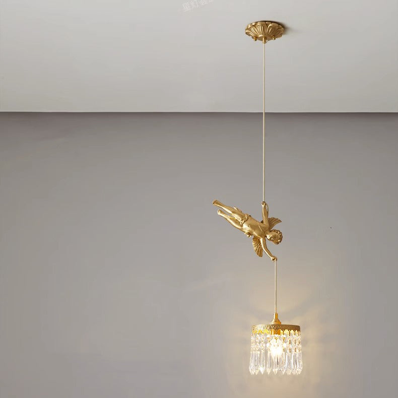 Traditional French Crystal Copper Angel Round 1-Light Pendant Light For Living Room & Dining Room