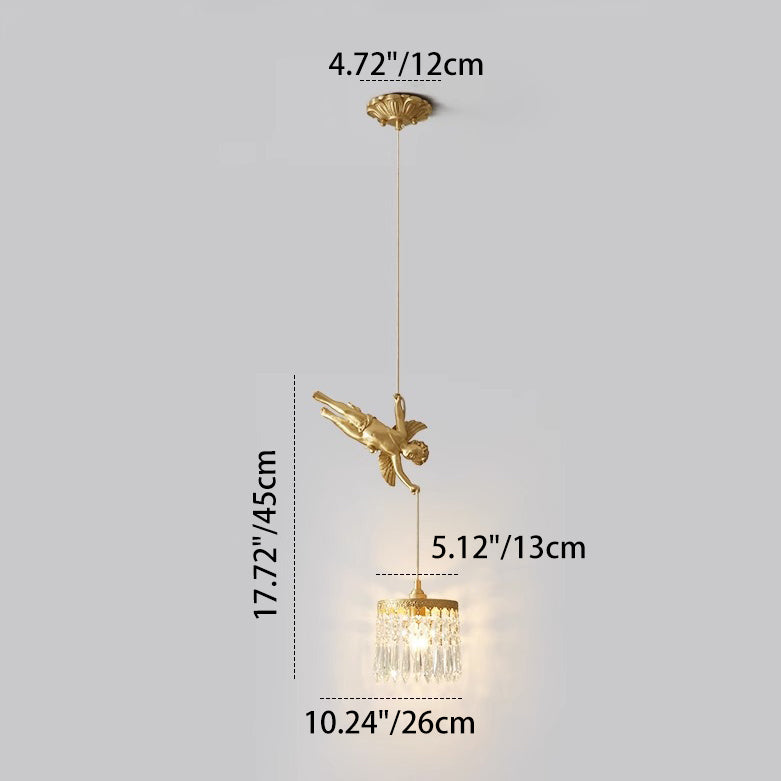 Traditional French Crystal Copper Angel Round 1-Light Pendant Light For Living Room & Dining Room