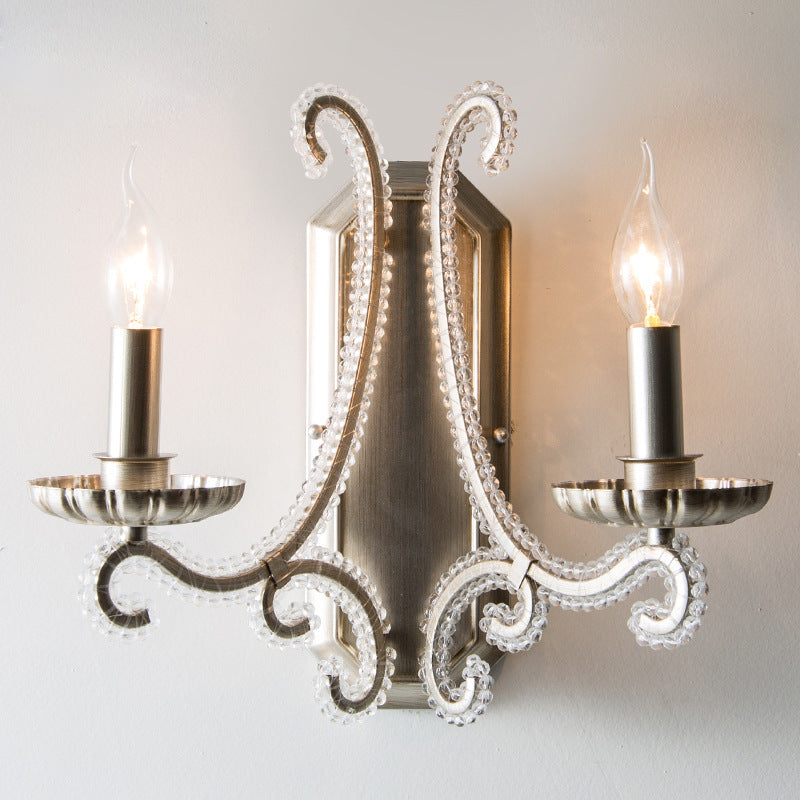 Traditional Farmhouse Crystal Iron Curved Candle 1/2-Light Wall Sconce Lamp For Bedroom & Living Room