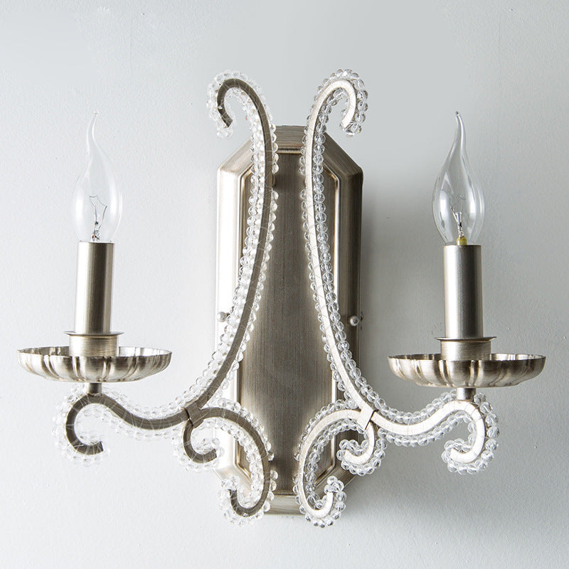 Traditional Farmhouse Crystal Iron Curved Candle 1/2-Light Wall Sconce Lamp For Bedroom & Living Room