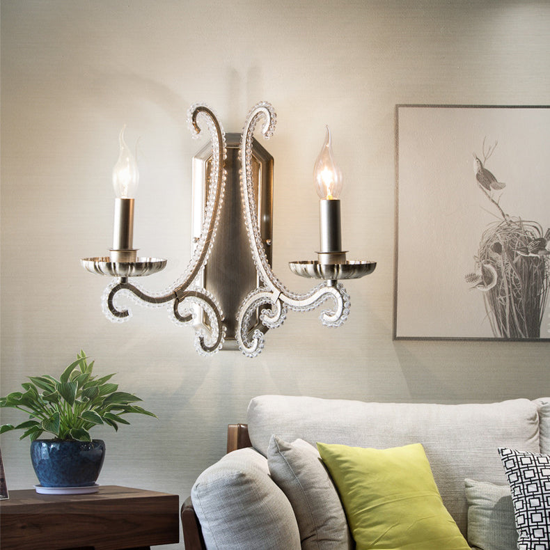 Traditional Farmhouse Crystal Iron Curved Candle 1/2-Light Wall Sconce Lamp For Bedroom & Living Room