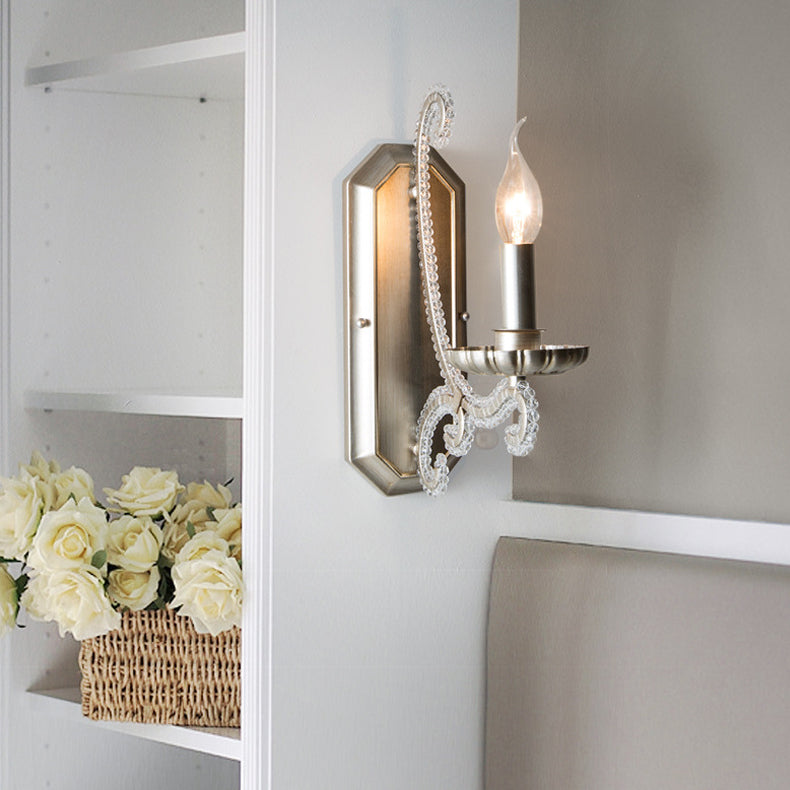 Traditional Farmhouse Crystal Iron Curved Candle 1/2-Light Wall Sconce Lamp For Bedroom & Living Room