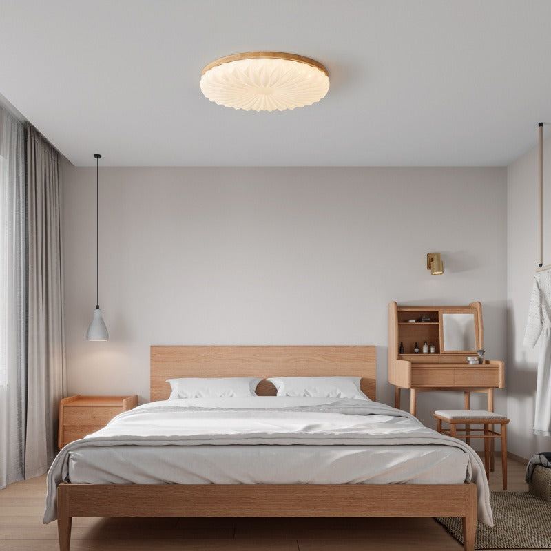 Contemporary Creative PVC Rubber Wood Iron Textured Round LED Flush Mount Ceiling Light For Bedroom & Living Room