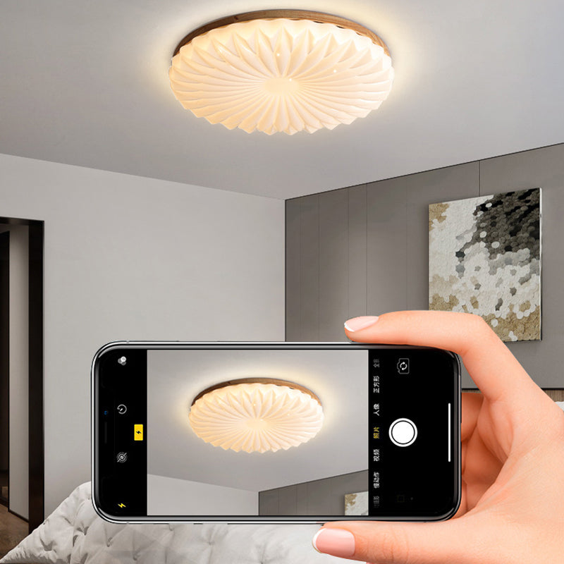 Contemporary Creative PVC Rubber Wood Iron Textured Round LED Flush Mount Ceiling Light For Bedroom & Living Room