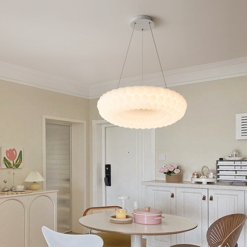 Contemporary Scandinavian PE Ash Wood Textured Round LED Chandelier For Bedroom & Living Room