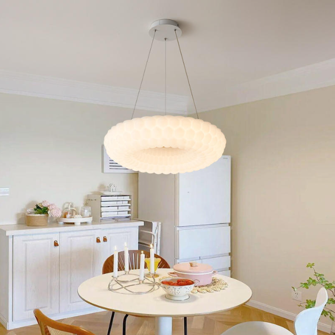 Contemporary Scandinavian PE Ash Wood Textured Round LED Chandelier For Bedroom & Living Room