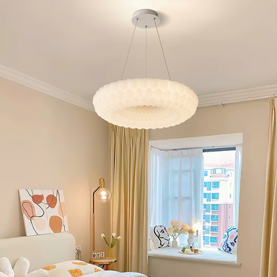 Contemporary Scandinavian PE Ash Wood Textured Round LED Chandelier For Bedroom & Living Room