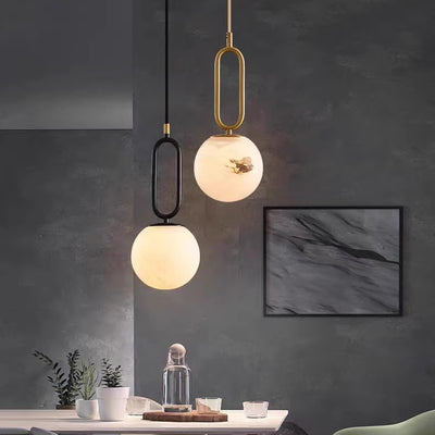 Contemporary Scandinavian Stone Brass Oval Globe 1-Light Pendant Light For Bedroom & Living Room