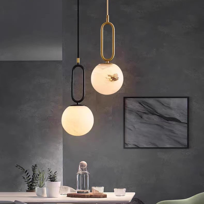 Contemporary Scandinavian Stone Brass Oval Globe 1-Light Pendant Light For Bedroom & Living Room