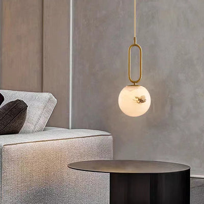 Contemporary Scandinavian Stone Brass Oval Globe 1-Light Pendant Light For Bedroom & Living Room