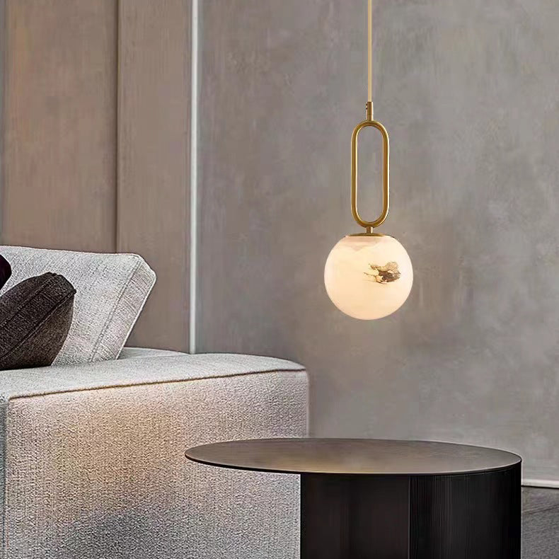 Contemporary Scandinavian Stone Brass Oval Globe 1-Light Pendant Light For Bedroom & Living Room