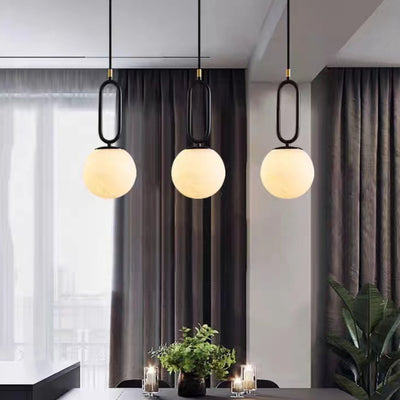 Contemporary Scandinavian Stone Brass Oval Globe 1-Light Pendant Light For Bedroom & Living Room