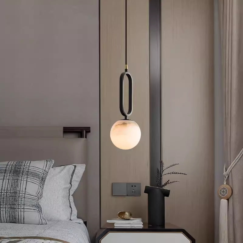 Contemporary Scandinavian Stone Brass Oval Globe 1-Light Pendant Light For Bedroom & Living Room
