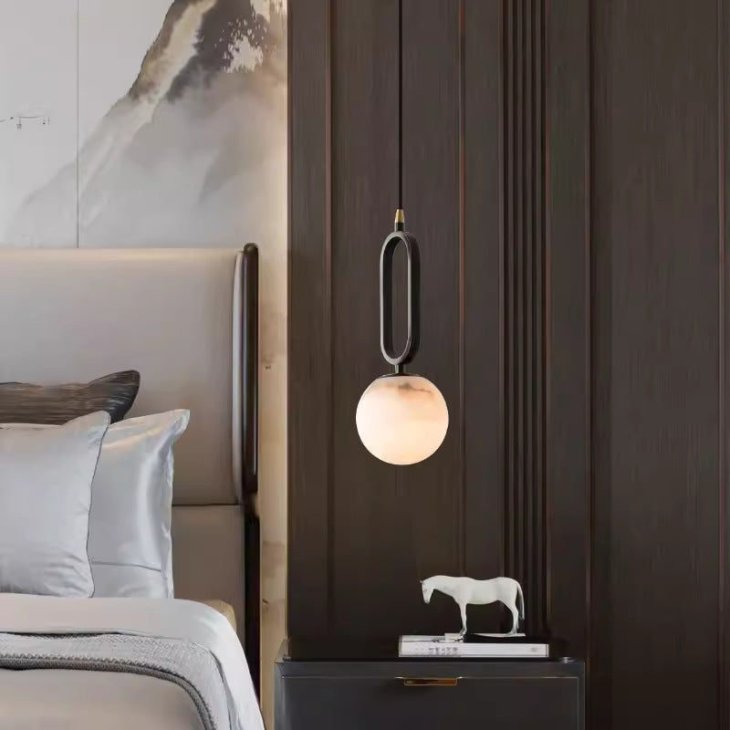 Contemporary Scandinavian Stone Brass Oval Globe 1-Light Pendant Light For Bedroom & Living Room