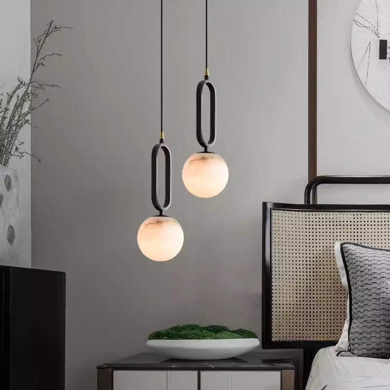 Contemporary Scandinavian Stone Brass Oval Globe 1-Light Pendant Light For Bedroom & Living Room