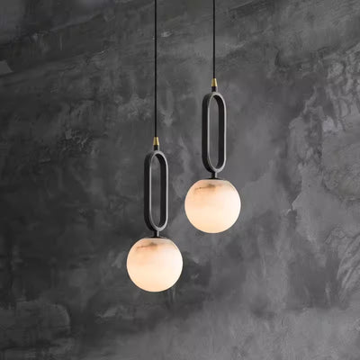 Contemporary Scandinavian Stone Brass Oval Globe 1-Light Pendant Light For Bedroom & Living Room