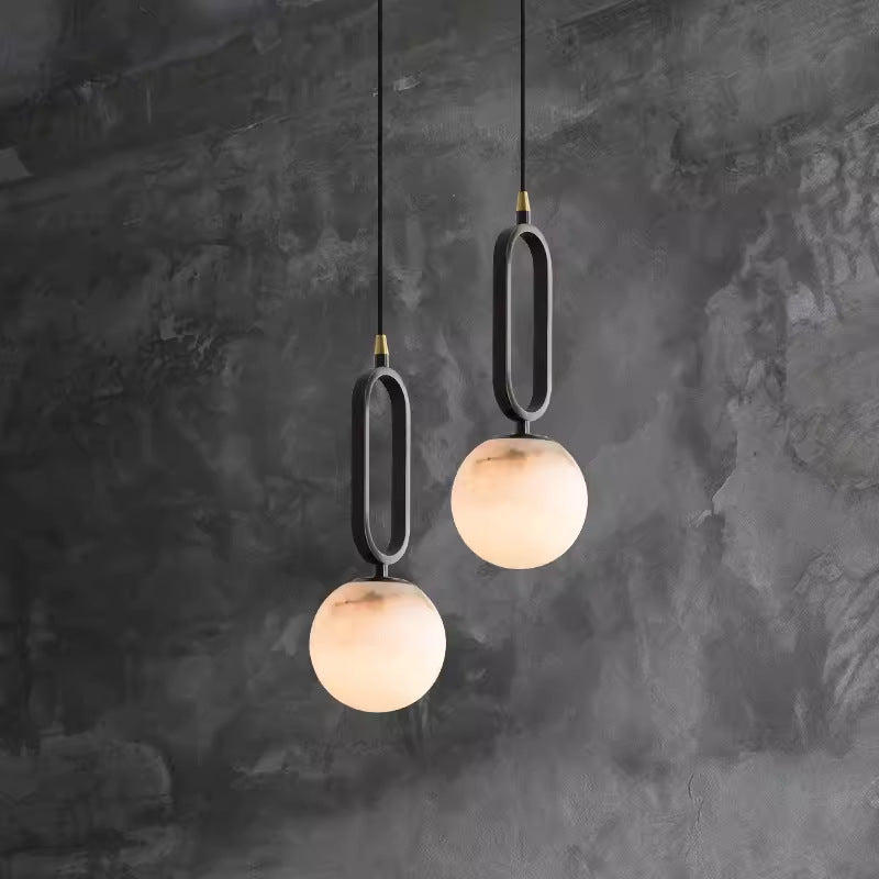 Contemporary Scandinavian Stone Brass Oval Globe 1-Light Pendant Light For Bedroom & Living Room