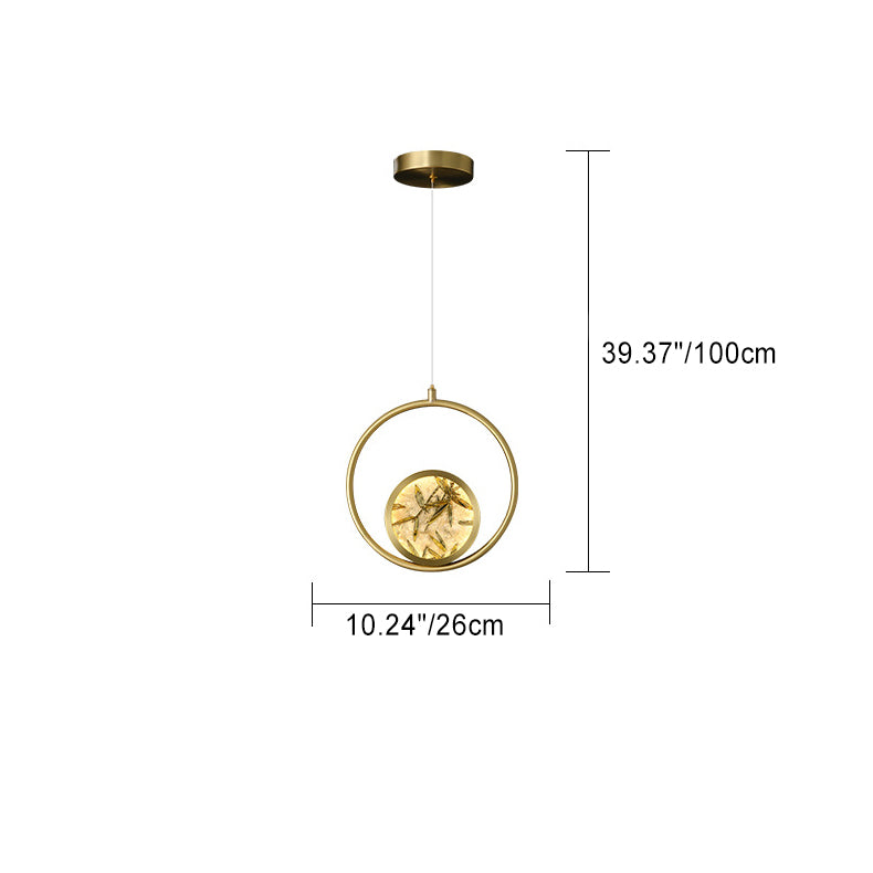 Traditional Chinese Glass &amp; Brass Round Leaf Pattern LED Pendant Light For Bedroom &amp; Living Room