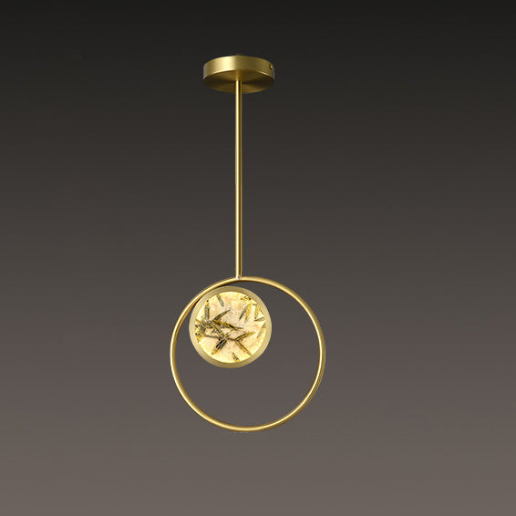 Traditional Chinese Glass & Brass Round Leaf Pattern LED Pendant Light For Bedroom & Living Room