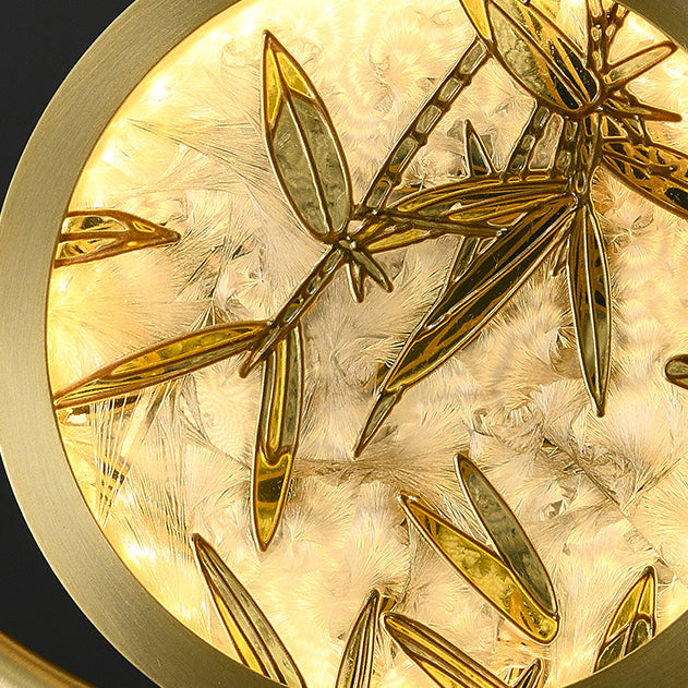 Traditional Chinese Glass & Brass Round Leaf Pattern LED Pendant Light For Bedroom & Living Room