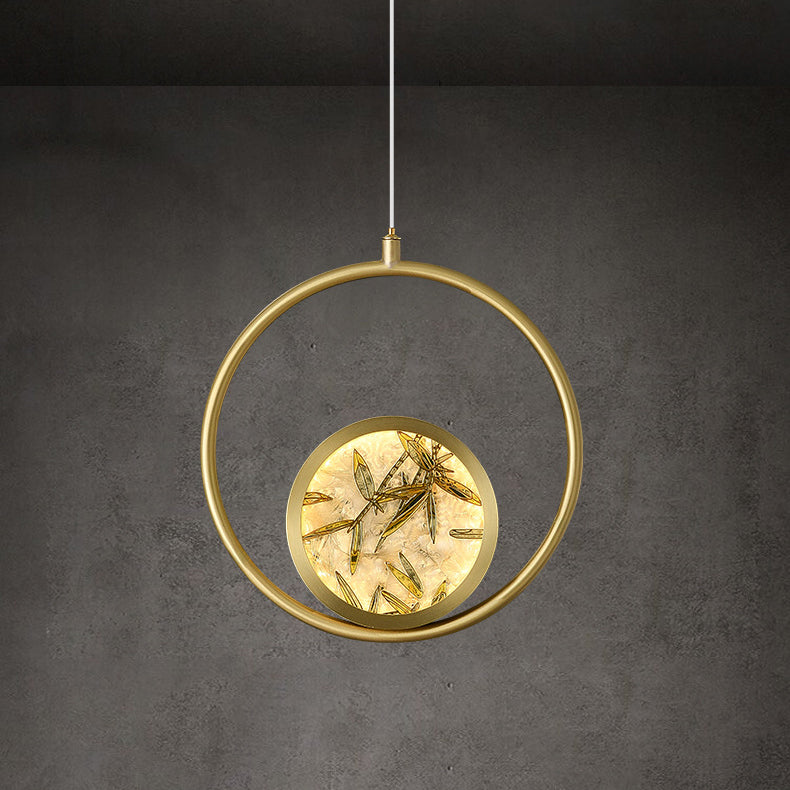 Traditional Chinese Glass & Brass Round Leaf Pattern LED Pendant Light For Bedroom & Living Room