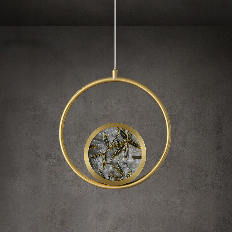 Traditional Chinese Glass & Brass Round Leaf Pattern LED Pendant Light For Bedroom & Living Room