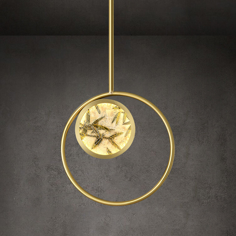 Traditional Chinese Glass & Brass Round Leaf Pattern LED Pendant Light For Bedroom & Living Room