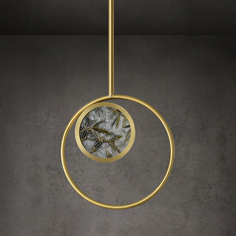 Traditional Chinese Glass &amp; Brass Round Leaf Pattern LED Pendant Light For Bedroom &amp; Living Room