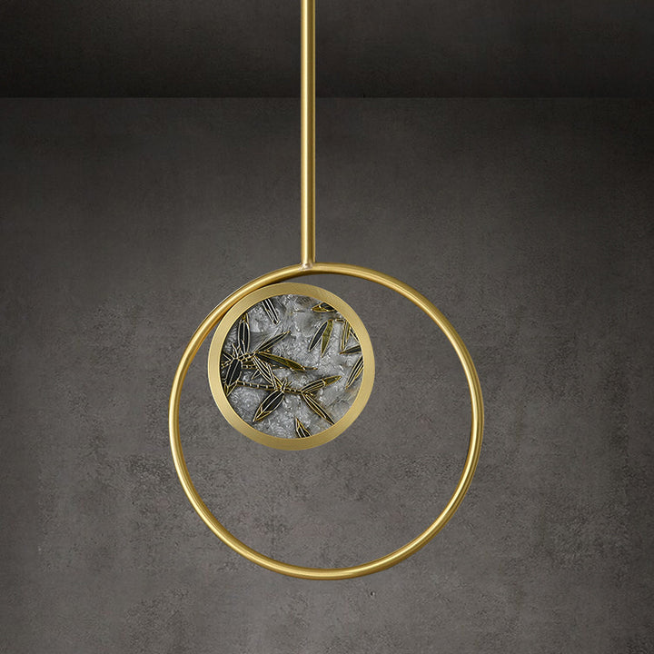 Traditional Chinese Glass &amp; Brass Round Leaf Pattern LED Pendant Light For Bedroom &amp; Living Room