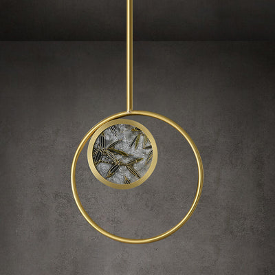 Traditional Chinese Glass & Brass Round Leaf Pattern LED Pendant Light For Bedroom & Living Room