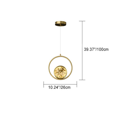 Traditional Chinese Glass & Brass Round Leaf Pattern LED Pendant Light For Bedroom & Living Room