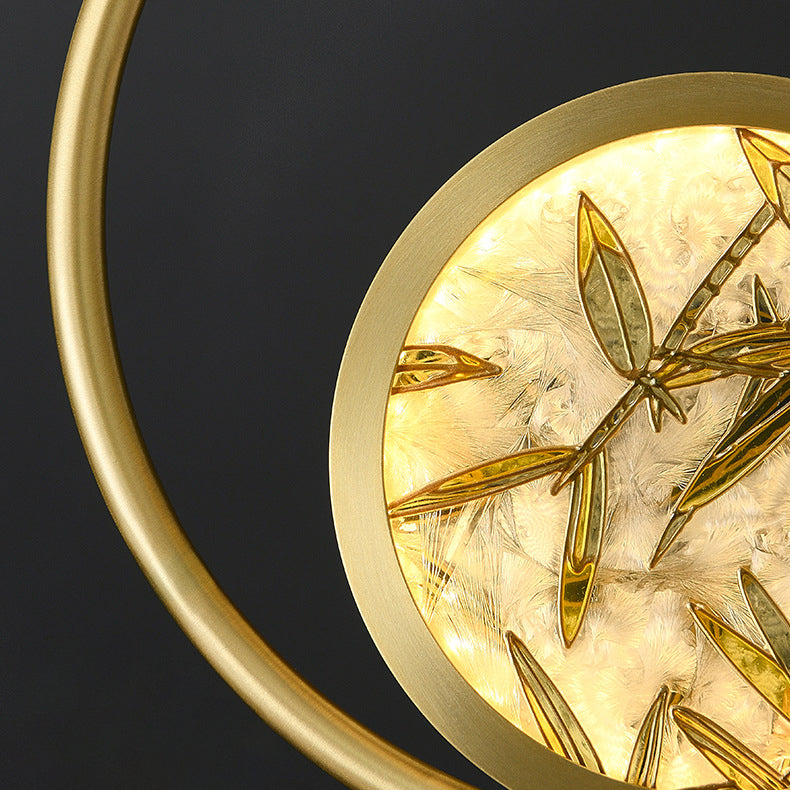 Traditional Chinese Glass & Brass Round Leaf Pattern LED Pendant Light For Bedroom & Living Room