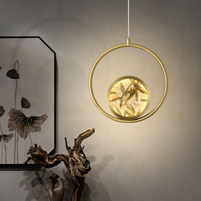Traditional Chinese Glass & Brass Round Leaf Pattern LED Pendant Light For Bedroom & Living Room