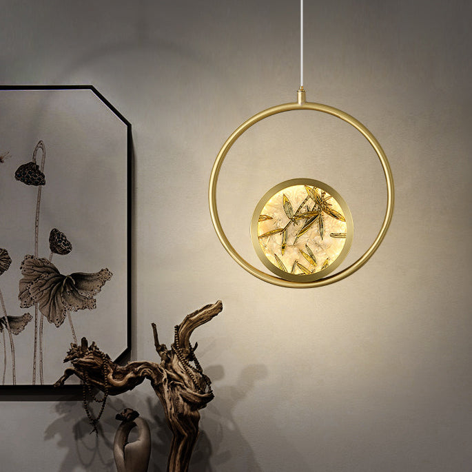 Traditional Chinese Glass & Brass Round Leaf Pattern LED Pendant Light For Bedroom & Living Room
