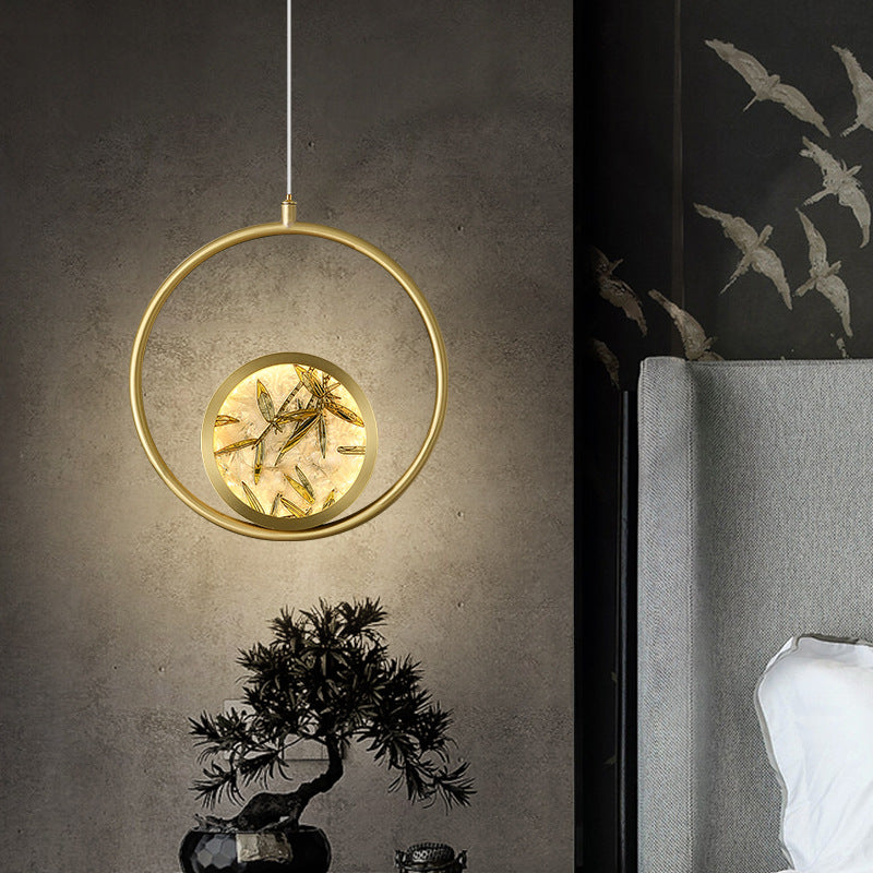 Traditional Chinese Glass &amp; Brass Round Leaf Pattern LED Pendant Light For Bedroom &amp; Living Room