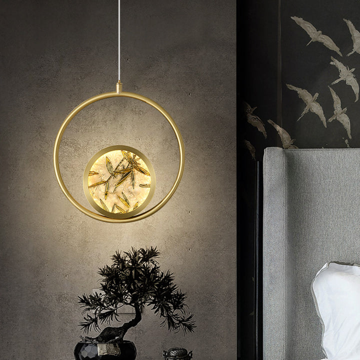 Traditional Chinese Glass &amp; Brass Round Leaf Pattern LED Pendant Light For Bedroom &amp; Living Room