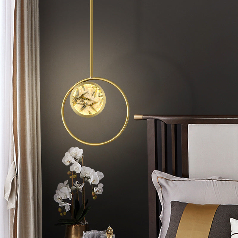 Traditional Chinese Glass &amp; Brass Round Leaf Pattern LED Pendant Light For Bedroom &amp; Living Room