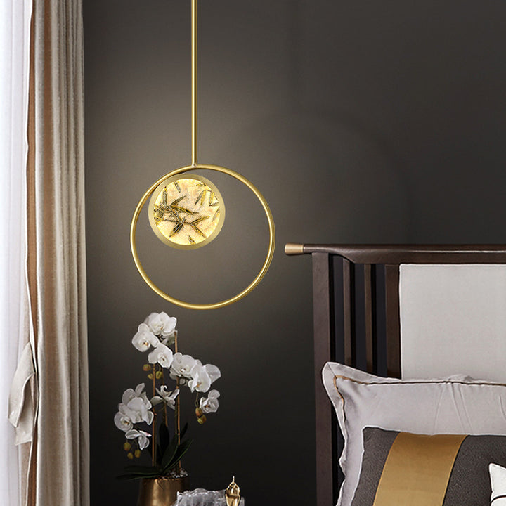 Traditional Chinese Glass &amp; Brass Round Leaf Pattern LED Pendant Light For Bedroom &amp; Living Room