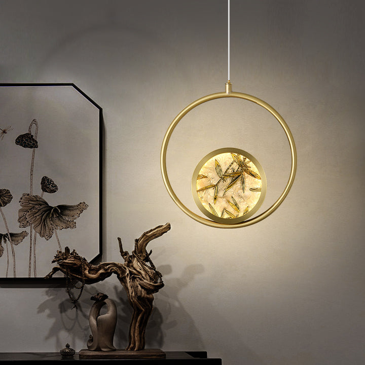 Traditional Chinese Glass &amp; Brass Round Leaf Pattern LED Pendant Light For Bedroom &amp; Living Room