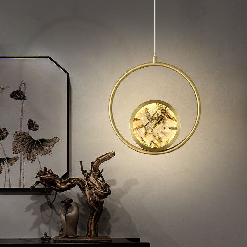 Traditional Chinese Glass & Brass Round Leaf Pattern LED Pendant Light For Bedroom & Living Room